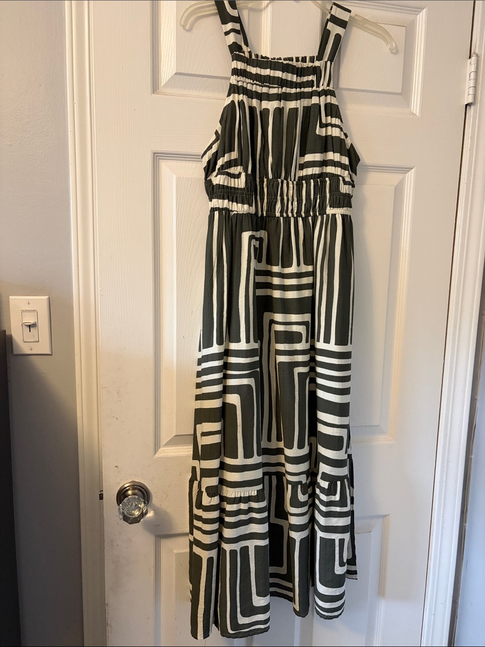 Sleeveless Maxi Dress in Olive Green & White Geometric Print